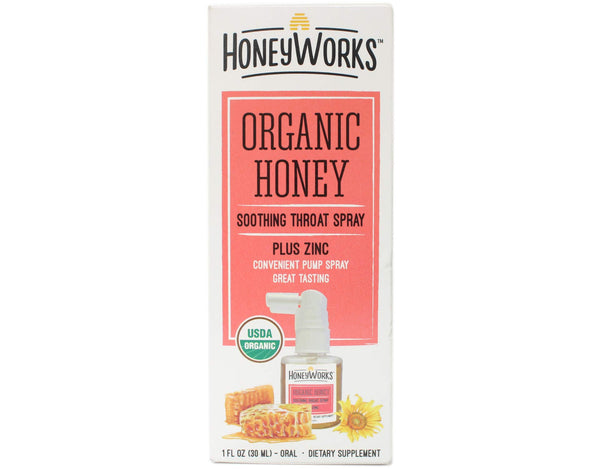 HoneyWorks Organic Honey Throat Spray with Zinc for Sore Throat Relief 1 Oz