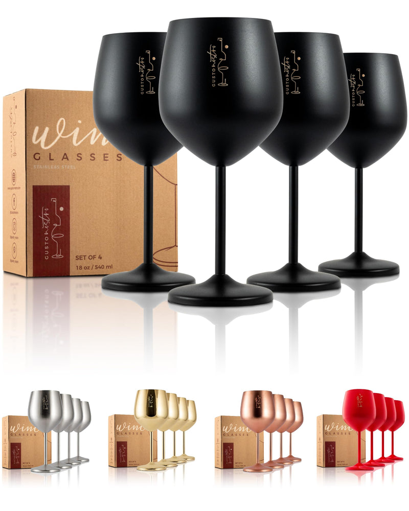 Unbreakable Black Stainless Steel Wine Glasses Set of 4 18 Oz