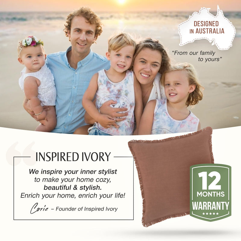 Cinnamon Brown Linen Pillow Cover with Fringe 20x20 Inch