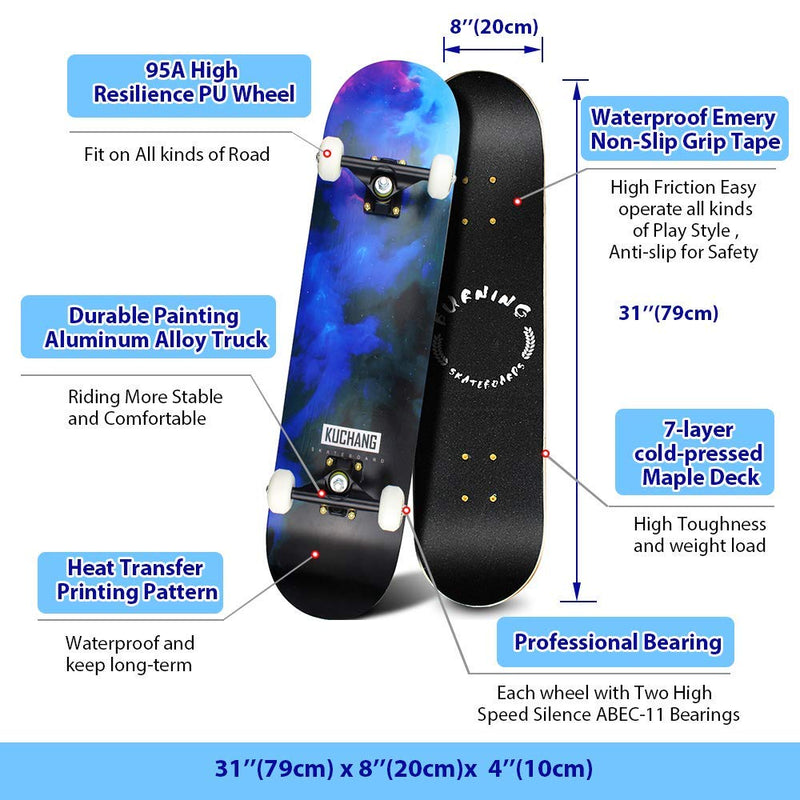 PHOEROS 31'' Blue Maple Skateboard for Youths and Beginners