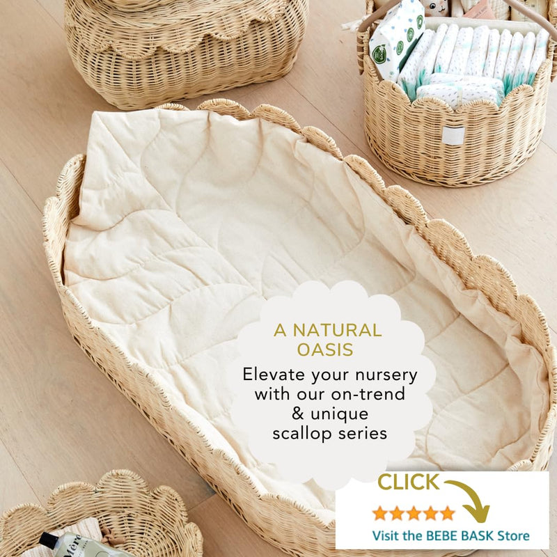 Bebe Bask Premium Baby Changing Basket Artisan Crafted Scalloped Rattan Diaper