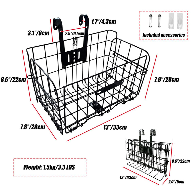 Heavy Duty Folding Bike Basket with Handles, Black