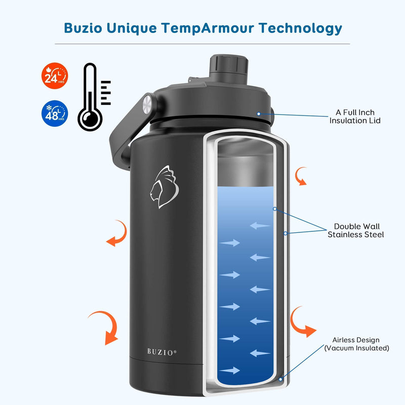 Buzio Vacuum Insulated Stainless Steel Water Bottle 32oz Tumbler Black