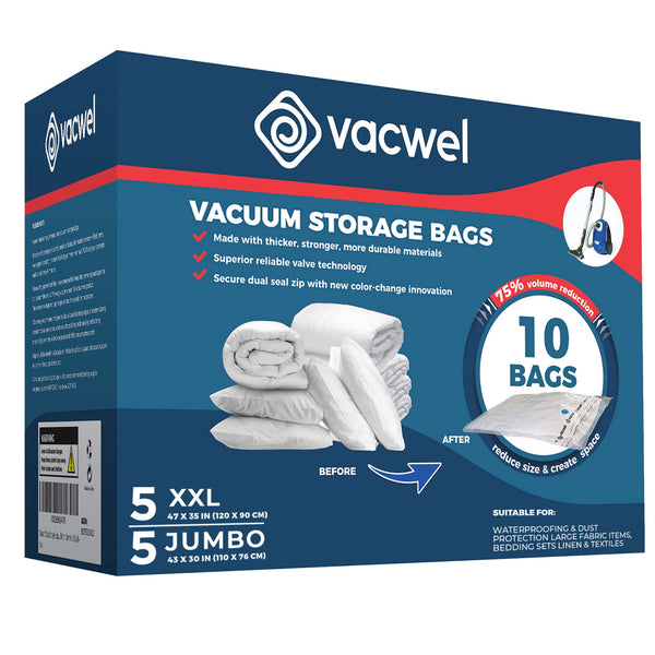 Vacwel 10-Pack Vacuum Storage Bags - 5 XXL (47x35in) + 5 Jumbo (43x30in)