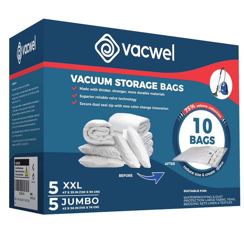 Vacwel 10-Pack Vacuum Storage Bags - 5 XXL (47x35in) + 5 Jumbo (43x30in)