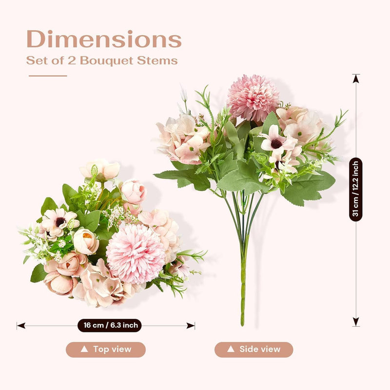 Velener Pink Artificial Flowers Bouquet, Silk Peony, Fake Roses, Hydrangea Floral Pick Table Centerpiece, Home, Office, Dining Room, Pink Christmas, Winter Flowers, Wedding (2 Pack)-Vase Not Included