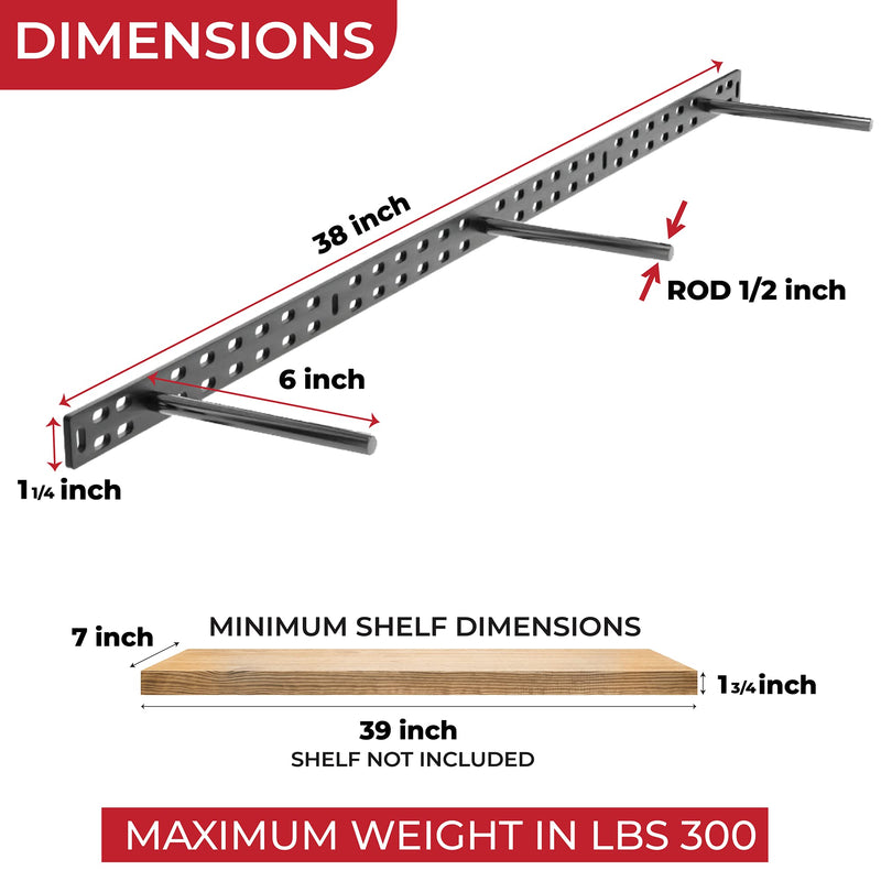 Set of 2 Floating Shelf Brackets 38 Inch Heavy Duty 6 Inch Rods Hits 3 Studs