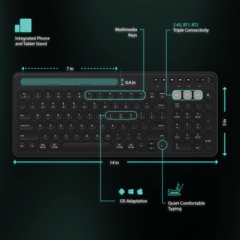 Vortec Multi-Device Bluetooth Keyboard with Phone Holder