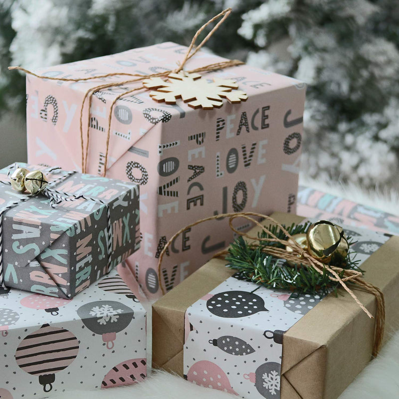 Rustic Kraft Pink & Grey Christmas Wrapping Paper Set - 4 Rolls