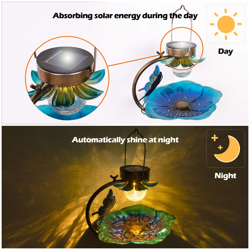 Solar Powered Decorative Bird Feeder with LED Light - 9.5 Inch