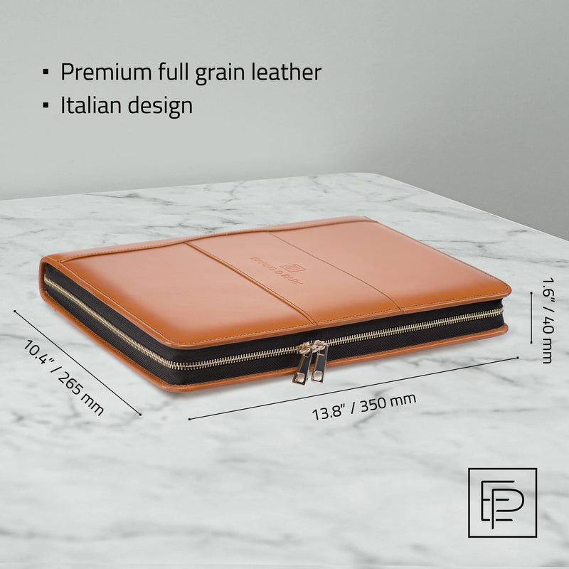 Epping & Park Leather Portfolio Binder | Handmade Italian Design | Full Grain Leather Padfolio Leather Binder | Executive Leather Portfolio for Men and Women | Letter Size Notepad Holder, Tan