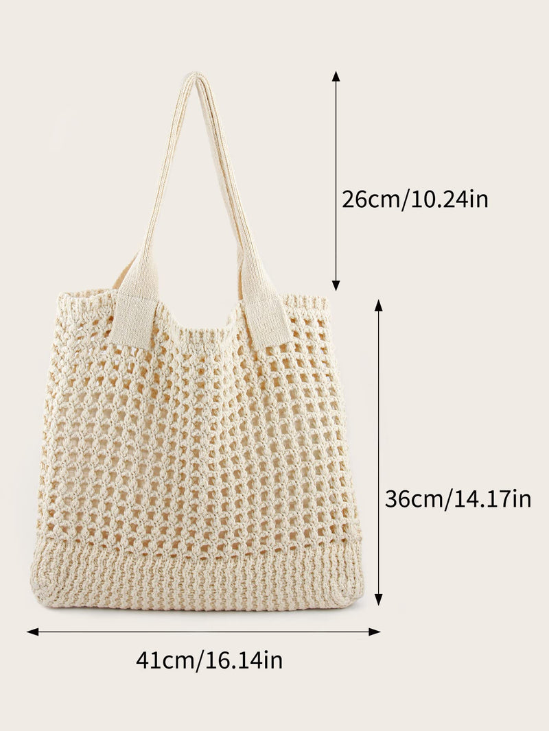 Enbei Women's Large Beach Tote Bag White Crocheted Aesthetic Shoulder Handbag