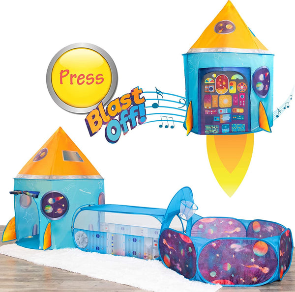 Kids Rocket Ship Play Tent Set with Tunnel and Ball Pit