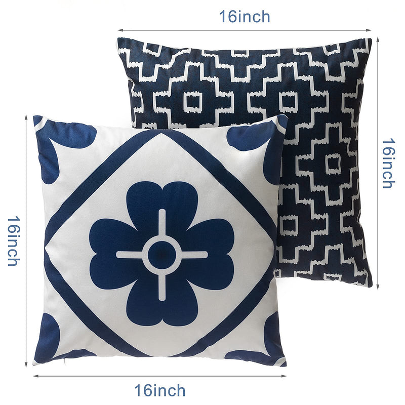 Premium Navy Royal Blue Velvet Throw Pillows 16 Inches Geometric Pattern 2 Pack