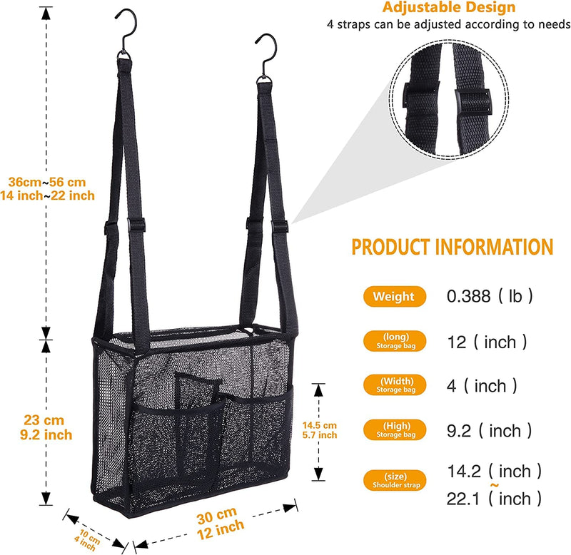 Hanging Mesh Shower Caddy with Hooks and 4 Pockets - Black