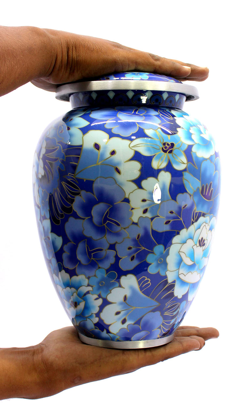 Esplanade Metal Cremation Urn 10 Blue With Flower Print Full Size Funeral Ashes