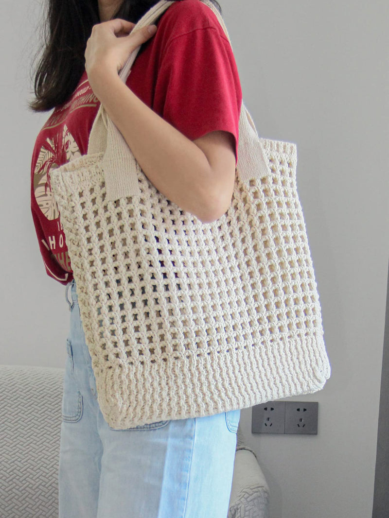 Enbei Women's Large Beach Tote Bag White Crocheted Aesthetic Shoulder Handbag