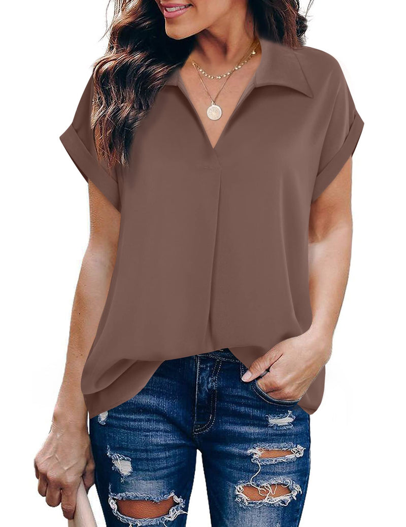 Gaharu Women’s Chiffon Blouse Collared V Neck Short Summer Top Coffee Medium