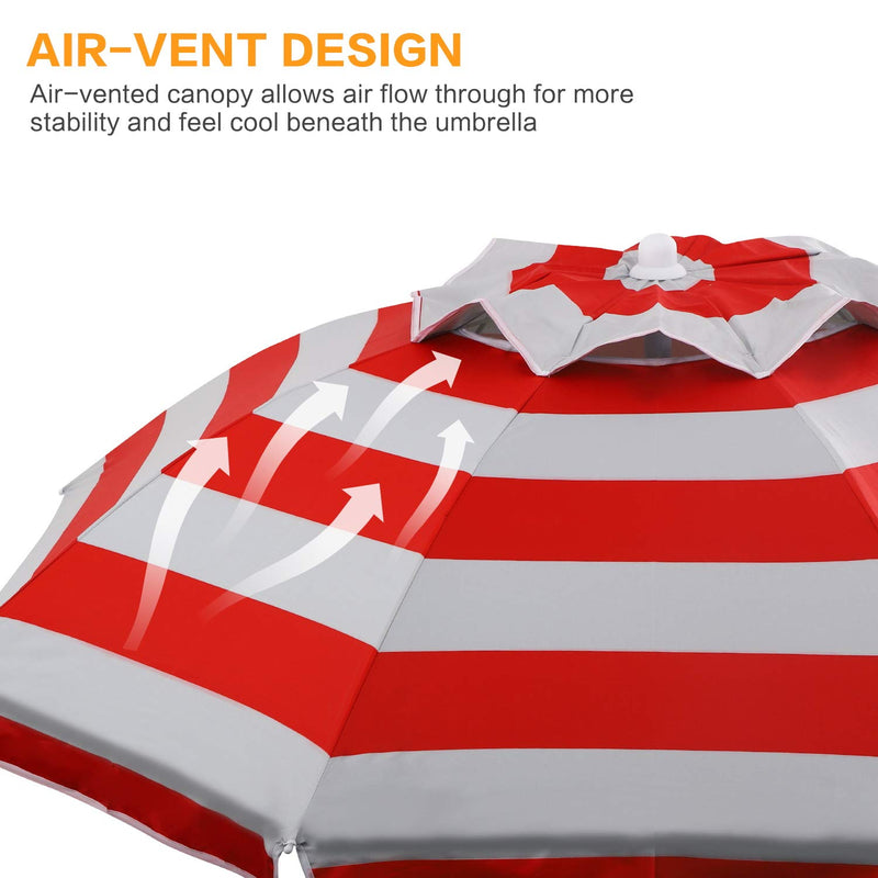 6ft Red Stripe Beach Umbrella with Tilt & Windproof Features