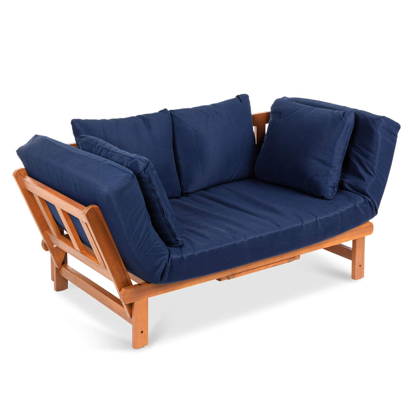 Convertible Acacia Wood Patio Sofa with Tray & Cushions - Navy