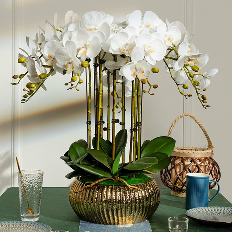 Hinyoco 2 Pcs Artificial Phalaenopsis Flowers Leaves 42 Inch Home Wedding Decor