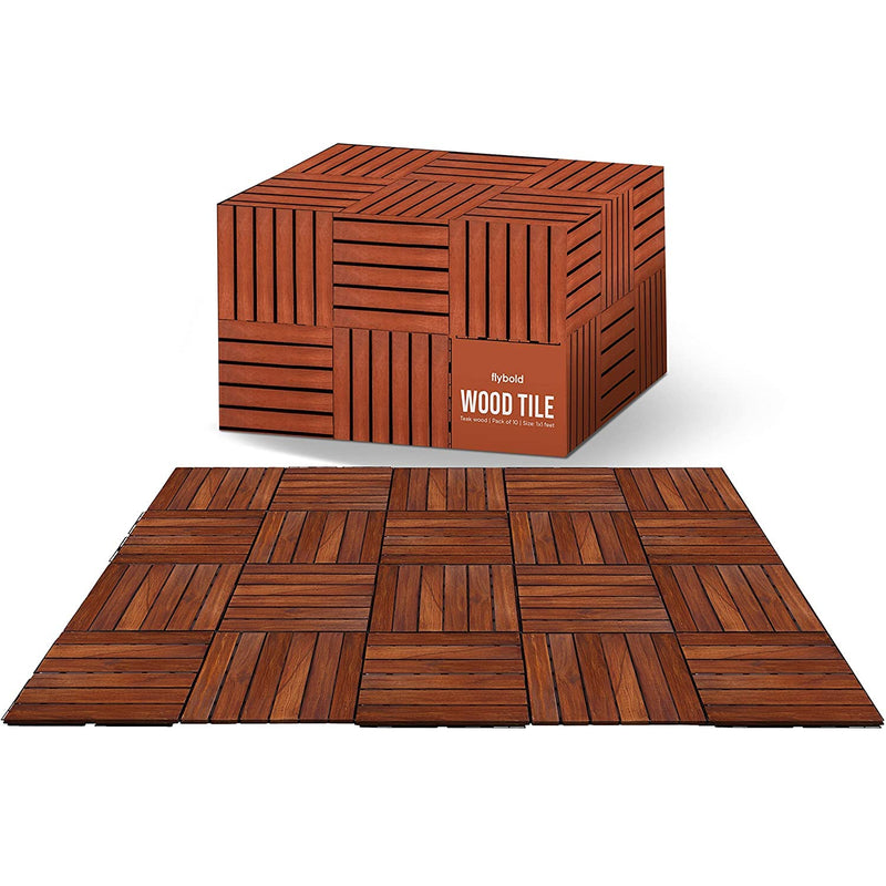 Flybold Interlocking Teak Patio Deck Floor Outdoor Tiles 12x12 Pack of 10