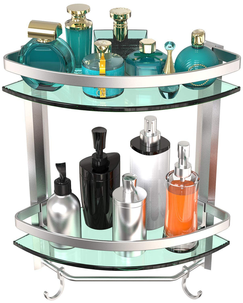 Vdomus 2 Tier Glass Corner Shelf Bathroom Shower Organizer With Towel Bar