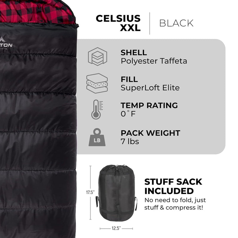 TETON Sports XXL Cold Weather Sleeping Bag - Black Right Zip