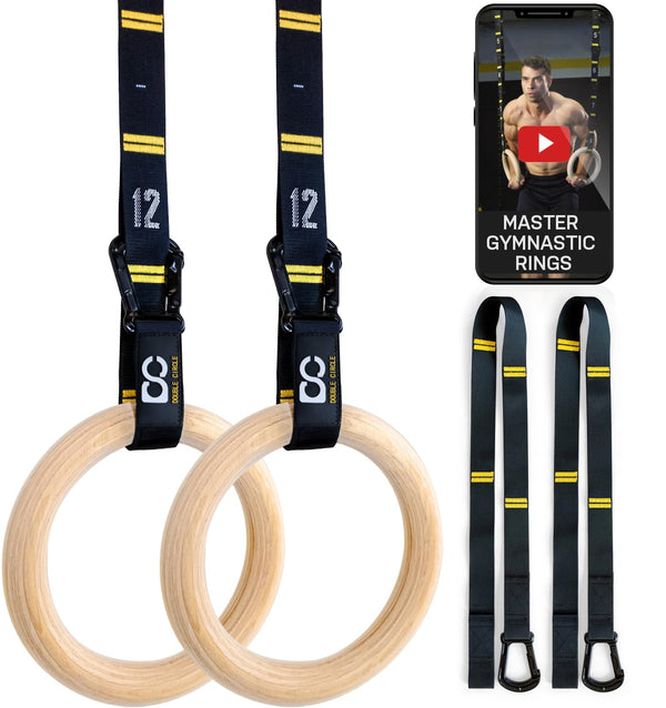 Wood Gymnastic Rings with Adjustable Straps and Exercise Guide