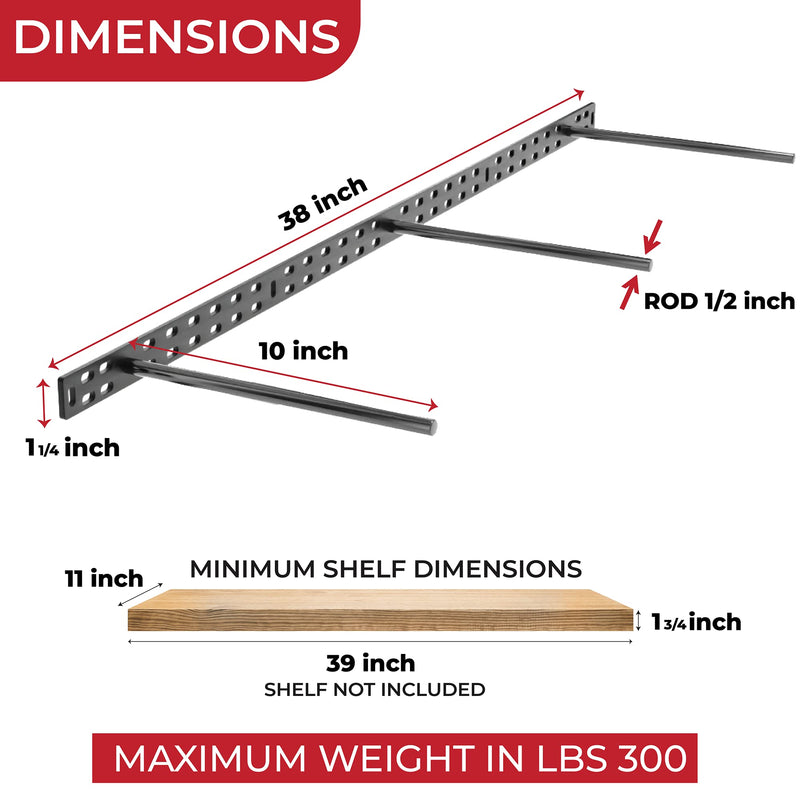 Set of 2 Floating Shelf Brackets 38 inch Multiple Mounting Location Hit 3 Studs