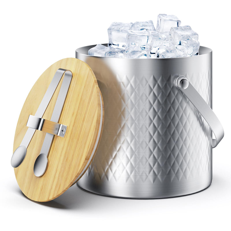 Silver Insulated Ice Bucket with Tongs, Lid & Divider - 3L Capacity