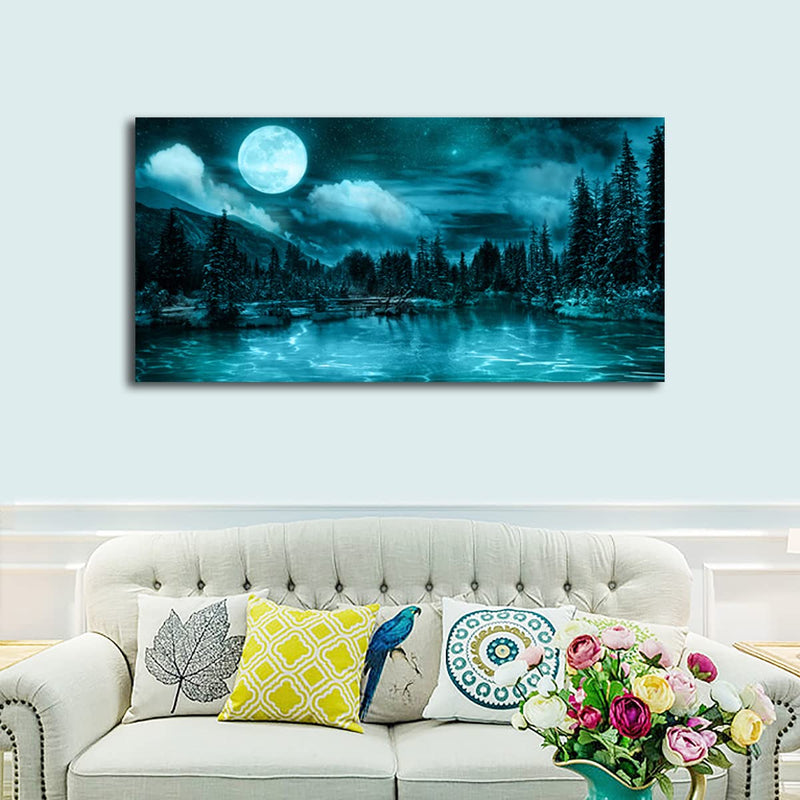 Moonlit Forest Landscape Canvas Wall Art 20"x40"