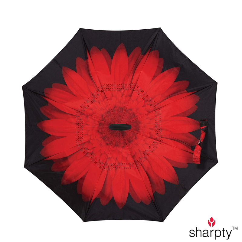 Windproof Inverted Umbrella with C-Shaped Handle - Red Flower