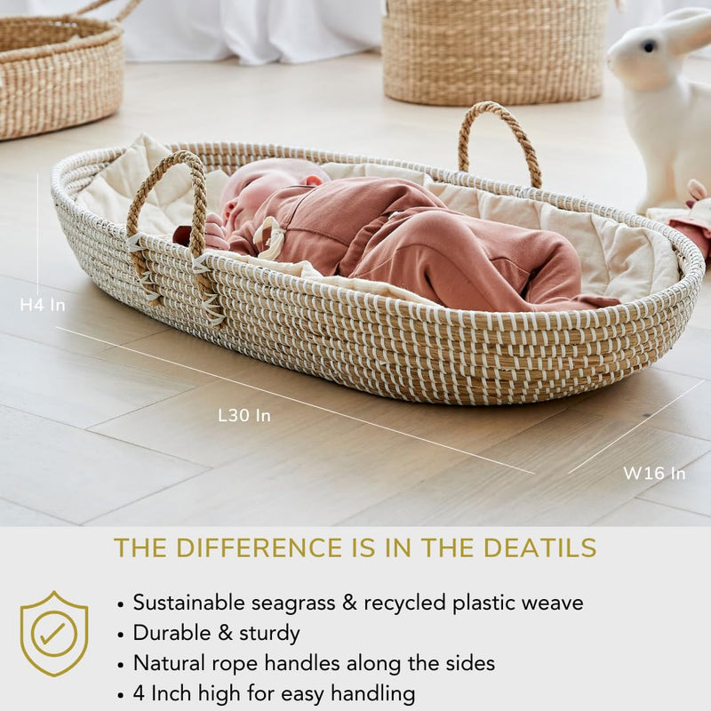 BEBE BASK - Premium Seagrass Baby Changing Basket with Pad - Handmade Baby Moses Basket - Luxury Leaf Liner - Bamboo Jacquard Cover - Vegan Baby Changing Mat - Baby Changing Pad - 30 x 16 x 4 inches