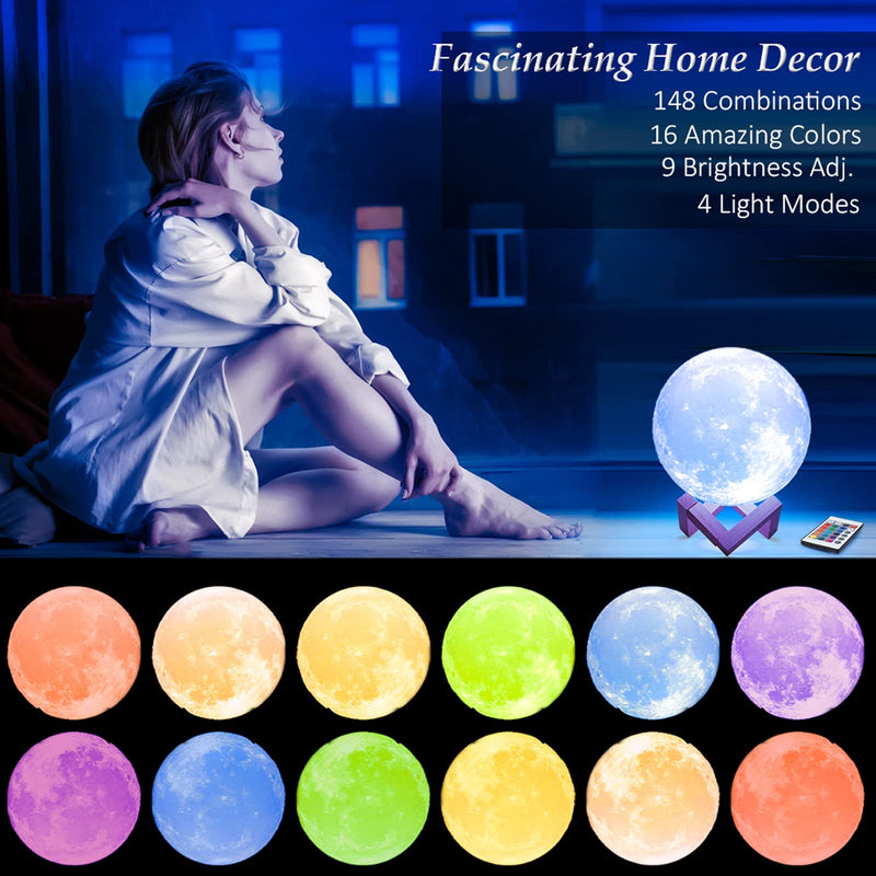 Mydethun 16 Colors LED 3D Moon Lamp with Wooden Stand, 5.9 inches - Valentine's Gfit for Women, LED Night Light Lamp for Kids, Girls, Bedroom, USB Charging, Home Decor with Remote Control