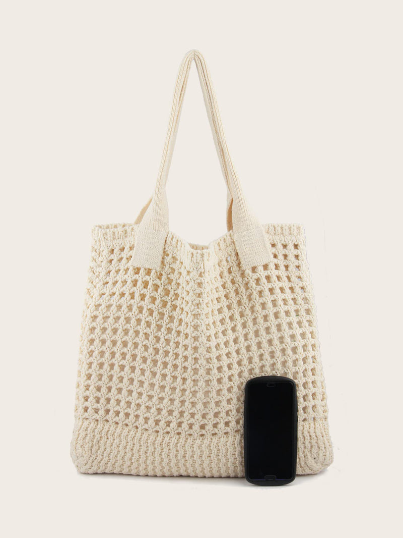 Enbei Women's Large Beach Tote Bag White Crocheted Aesthetic Shoulder Handbag