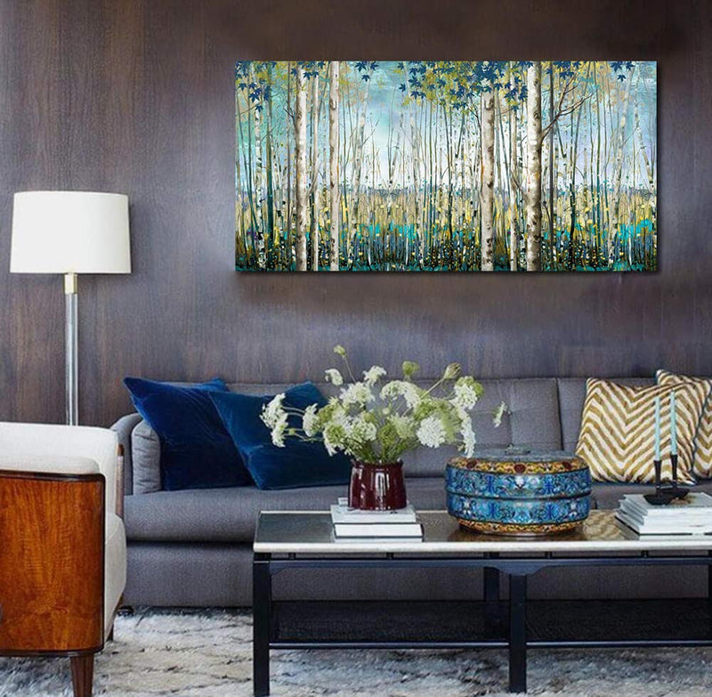 Large Birch Forest Canvas Wall Art - 24x48 Hand-Painted Landscape