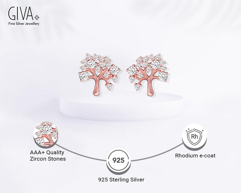 Giva 925 Sterling Silver Hypoallergenic Rose Gold Tree of Life Earrings