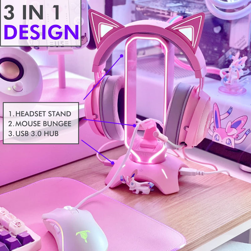 Tilted Nation RGB Headset Stand with USB 3.0 Hub, Pink