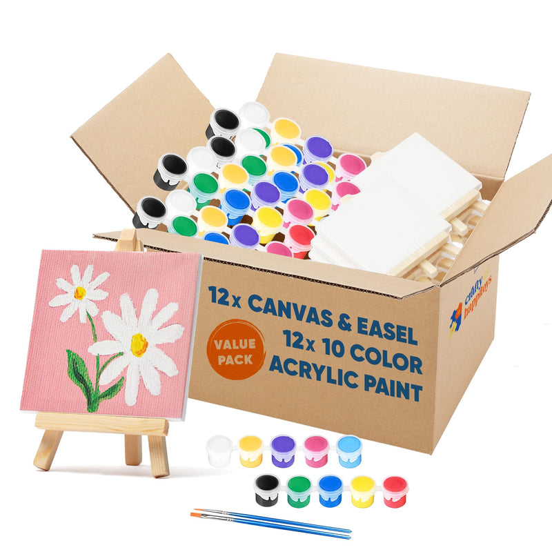 12 Mini 4x4 Inches Canvas & Easel Set with 10 Colors Acrylic Paint for Kids