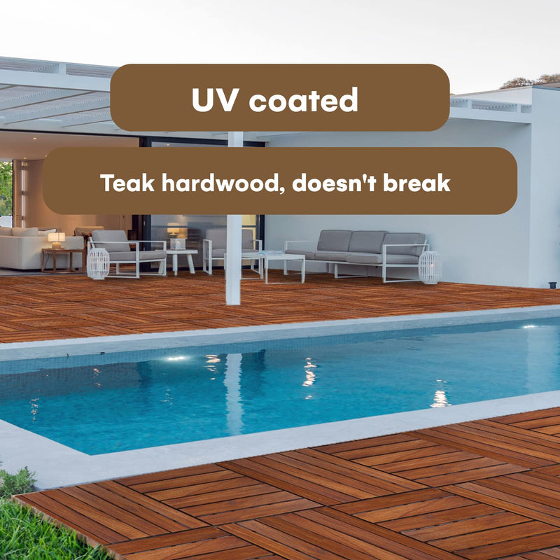 Flybold Interlocking Teak Patio Deck Floor Outdoor Tiles 12x12 Pack of 10