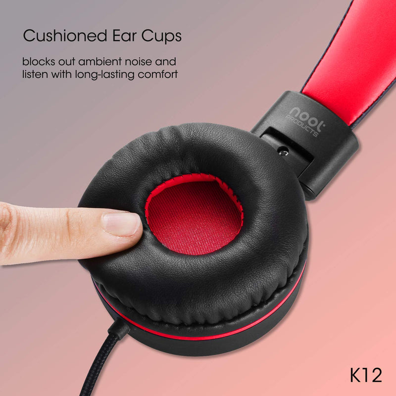 Kids On-Ear Headphones with Microphone - Adjustable Volume (Red Black)