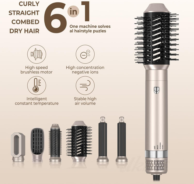 6 in 1 Air Styler, Hot Air Brush, Hair Dryer Brush, Thermal Brush Magic Styler, Hair Dryer Brush, Hair Styling Appliances, Hair Styler, Straightening Brush (Gold)