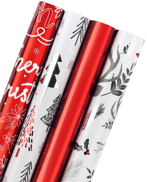 Foil Red Christmas Wrapping Paper with Metallic Shine 4 Rolls