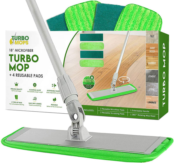 Turbo Microfiber Mop with 360-Spin & Reusable Pads - Silver/Green