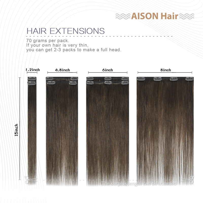 Aison Medium Brown 18 Inch Remy Human Hair Clip-In Extensions 70g