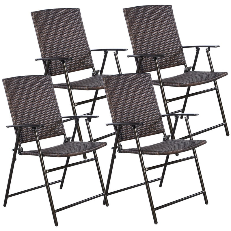 Tangkula 4 PCS Folding Patio Chair Set Outdoor Pool Lawn Portable Wicker Chair with Armrest & Footrest Durable Rattan Steel Frame Commercial Foldable Stackable Party Wedding Chair Set (24X23X37)