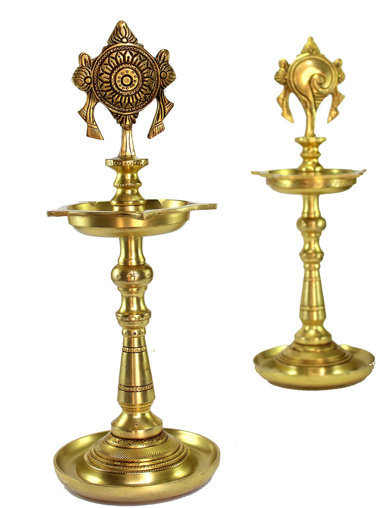 Brass Oil Lamps Shankh Chakra Narayan Diya Deepam Kuthu Vilakku 13 Inches