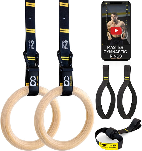 Wood Gymnastic Rings with Adjustable Straps & Exercise Guide