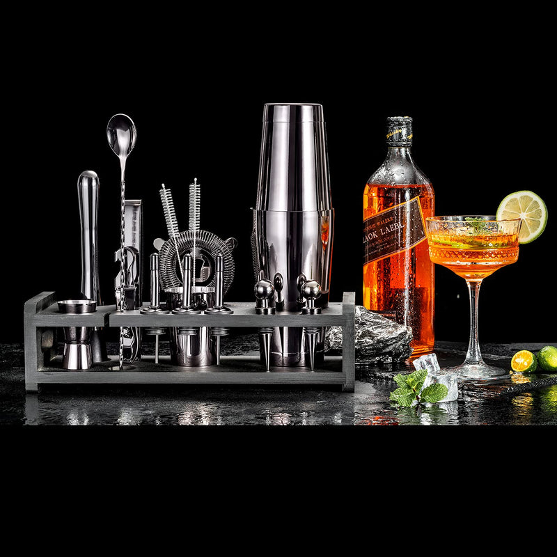 Premium 24 Piece Cocktail Shaker Set for Home Bartenders Black Stand